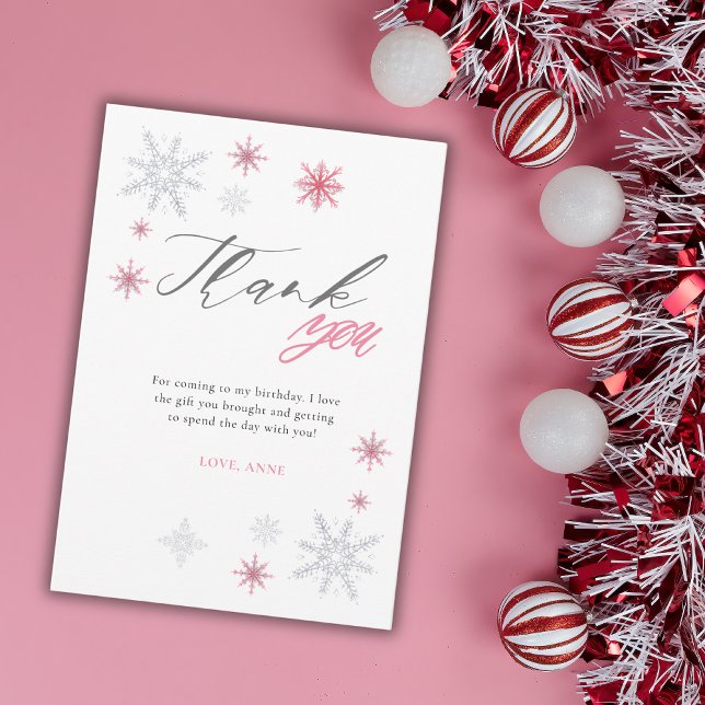 Tarjeta De Agradecimiento Pink Silver Glitter Snowflakes 1st Birthday Party  (Subido por el creador)