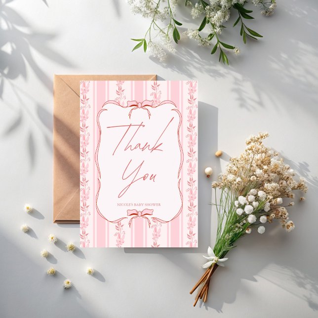 Tarjeta De Agradecimiento Pink stripes retro bow border elegant baby shower (Pink stripes retro bow border elegant baby shower thank you cards)