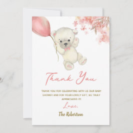 Tarjeta De Agradecimiento Pink Teddy Bear Baby Shower | Floral Baby Girl