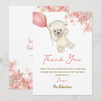 Tarjeta De Agradecimiento Pink Teddy Bear Baby Shower | Floral Baby Girl