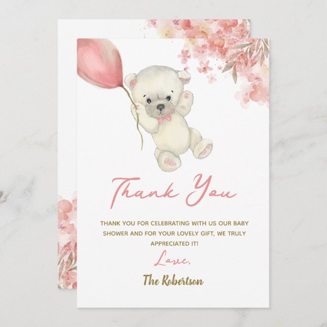 Tarjeta De Agradecimiento Pink Teddy Bear Baby Shower | Floral Baby Girl (Anverso / Reverso)