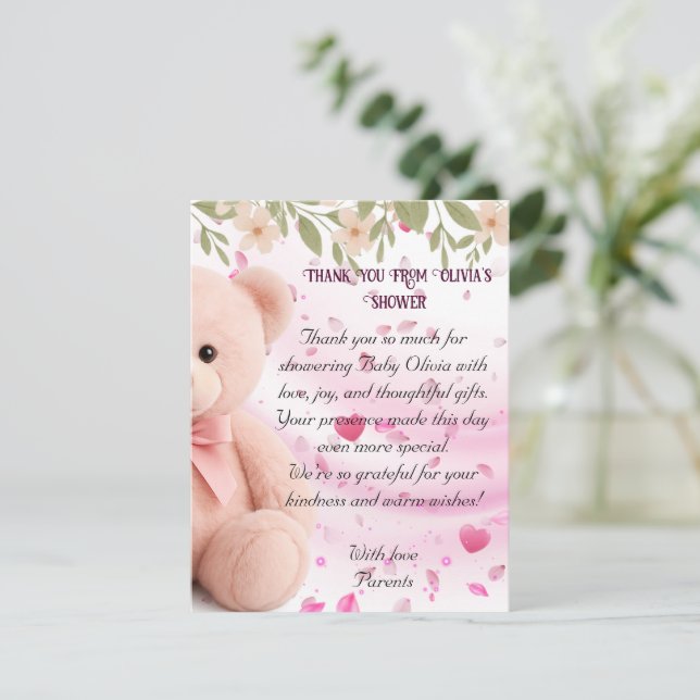 Tarjeta De Agradecimiento Pink Teddy Bear Baby Shower Thank You Card. (Anverso de pie)
