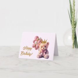 Tarjeta De Agradecimiento Pink Teddy Bear Crown Gold Feliz cumpleaños