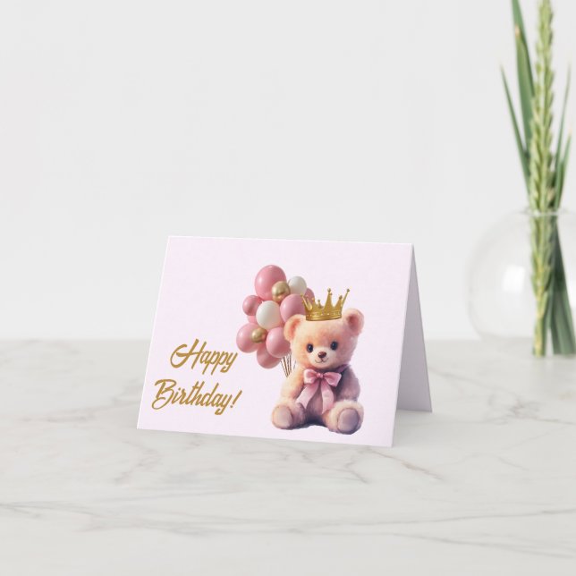 Tarjeta De Agradecimiento Pink Teddy Bear Crown Gold Feliz cumpleaños (Anverso)
