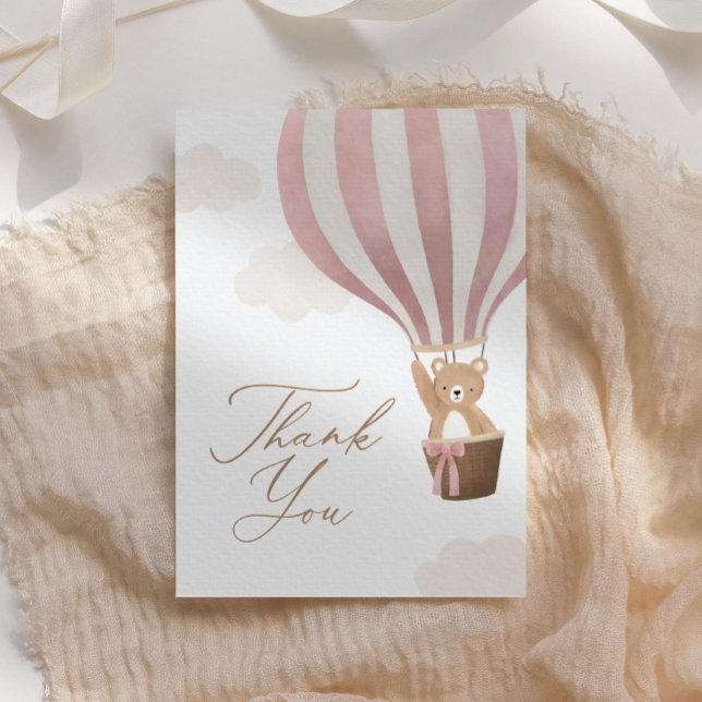 Tarjeta De Agradecimiento Pink Teddy Bear Hot Air Balloon Baby Shower (Subido por el creador)