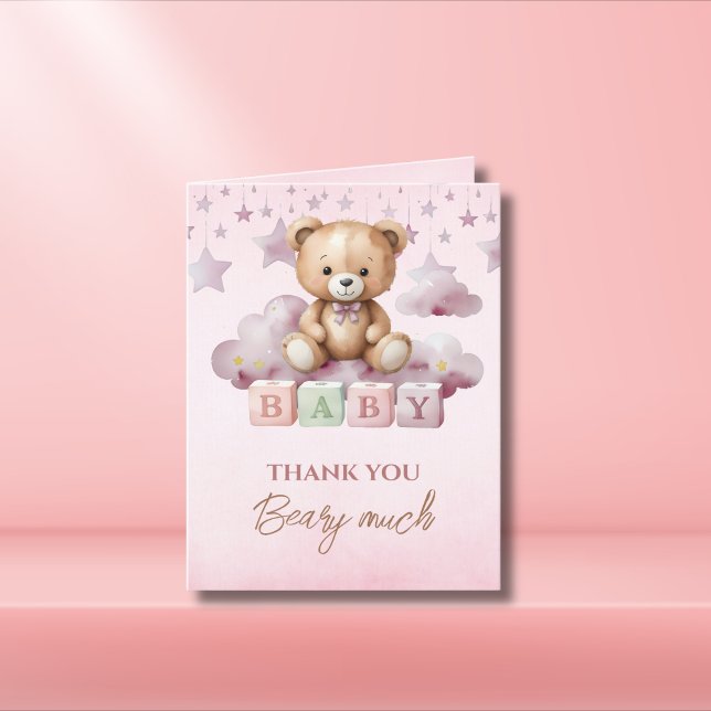 Tarjeta De Agradecimiento Pink Teddy Moon Clouds Baby Girl (Subido por el creador)
