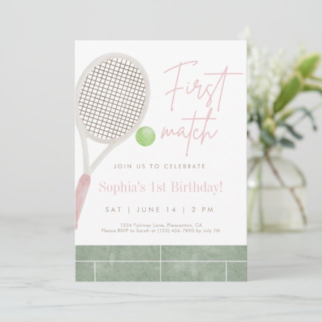 Tarjeta De Agradecimiento Pink Tennis First Birthday Party Invitation (Anverso de pie)