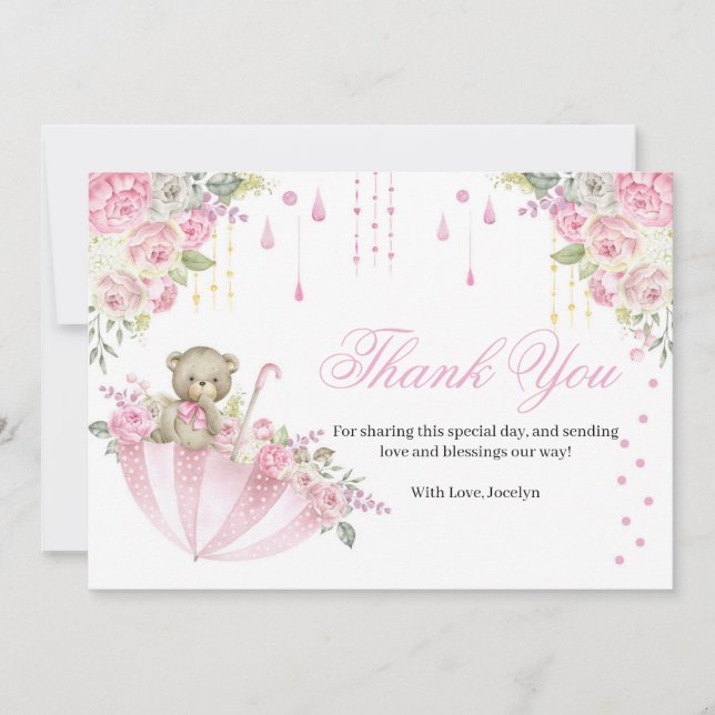 Tarjeta De Agradecimiento Pink Umbrella Teddy Bear Baby Sprinkle Gracias C (Anverso)