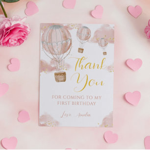 Tarjeta De Agradecimiento Pink Watercolor Hot Air Balloon Chica Cumpleaños