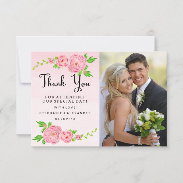 Tarjeta De Agradecimiento Pink Watercolor Ranunculus Boda Gracias Foto (Anverso)