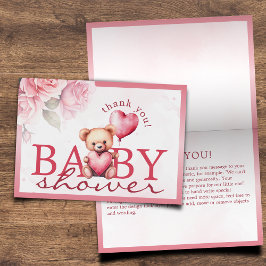 Tarjeta De Agradecimiento Pink Watercolor Teddy Bear Baby Shower Folding