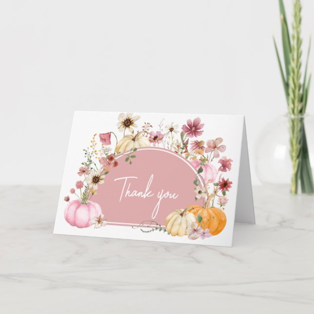 Tarjeta De Agradecimiento Pink Wildflower Pumpkin Baby Shower (Anverso)