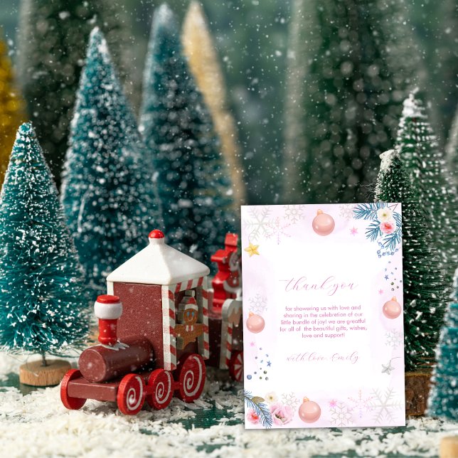 Tarjeta De Agradecimiento Pink Winter Snowflake Floral Baby Shower  (Pink Winter Snowflake Floral Baby Shower Thank You Card)