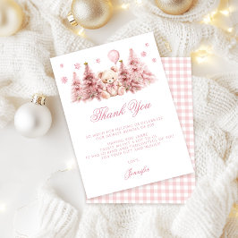 Tarjeta De Agradecimiento Pink Winter Teddy Bear Bow Baby Girl Shower