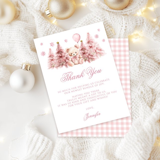 Tarjeta De Agradecimiento Pink Winter Teddy Bear Bow Baby Girl Shower (Subido por el creador)