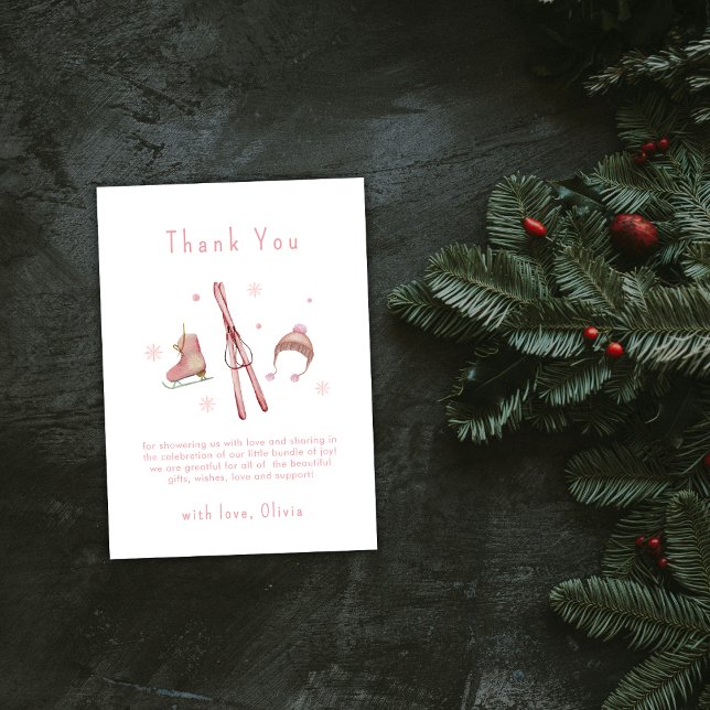 Tarjeta De Agradecimiento Pink Winter Woodland Après Bébé Ski Baby Shower  (Pink Winter Woodland Après Bébé Ski Baby Shower Thank You Card)