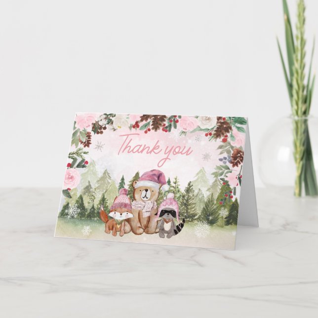 Tarjeta De Agradecimiento Pink Winter Woodland Baby Shower (Anverso)