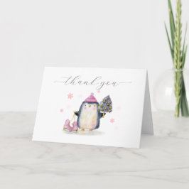 Tarjeta De Agradecimiento Pink Winter Woodland Skate Penguin Baby Shower