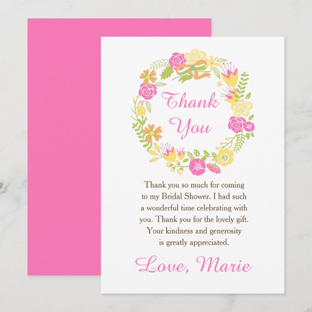 Tarjeta De Agradecimiento Pink & Yellow Floral Wreath Bridal Shower (Anverso / Reverso)