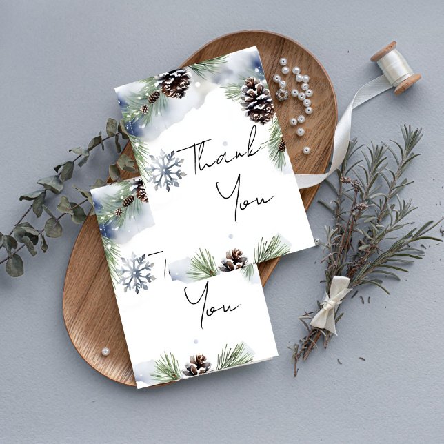 Tarjeta De Agradecimiento Pinos nevados en acuarela de bodas de invierno (Winter wedding watercolor snowy pines snowflake thank you card casual font thank you cards)