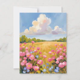 Tarjeta De Agradecimiento Pintura de paisaje de campo de flores rosadas