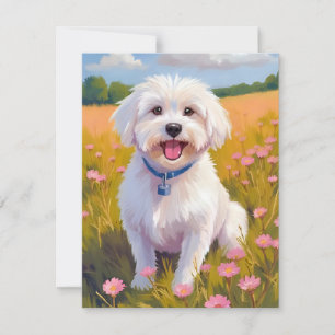 Tarjeta De Agradecimiento Pintura de perro maltés en campo de flores