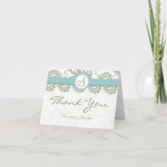 Tarjeta De Agradecimiento Pistachio Clover Aqua Damask Gracias (Anverso)