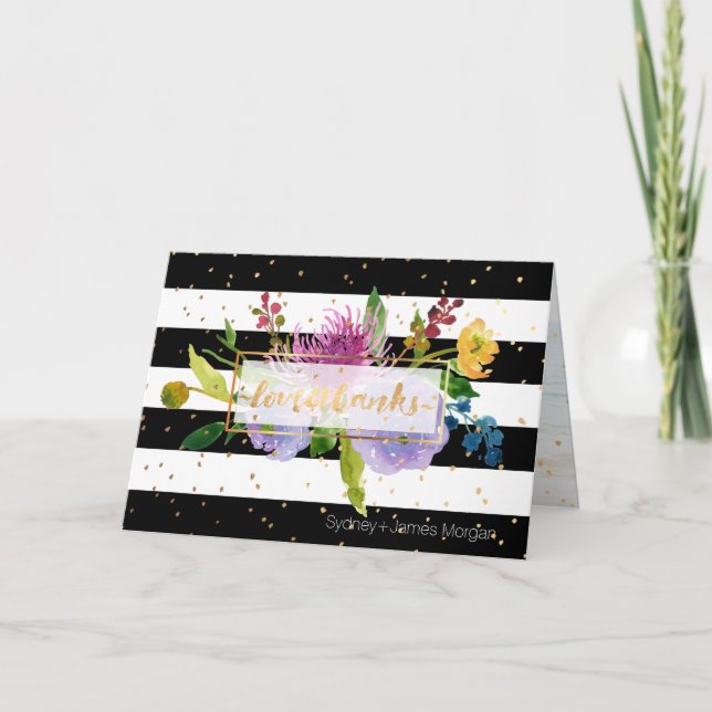 Tarjeta De Agradecimiento PixDezines acuarela floral b+w franjas (Anverso)