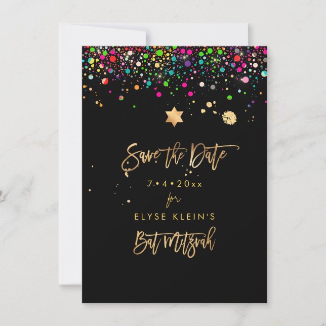 Tarjeta De Agradecimiento PixDezines Dazzled Rainbow Mitzvah Save the Date  (Anverso)