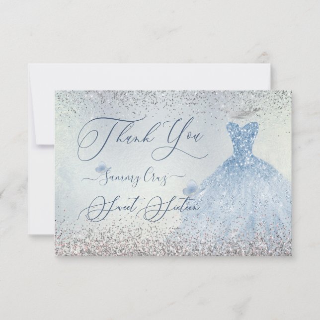 Tarjeta De Agradecimiento PixDezines Dulce 16 Dusty Blue Vress (Anverso)