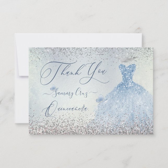 Tarjeta De Agradecimiento PixDezines Quinceanera Dusty Blue Vress (Anverso)
