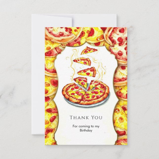 Tarjeta De Agradecimiento Pizza de cumpleaños de acuarela encantada (Anverso)