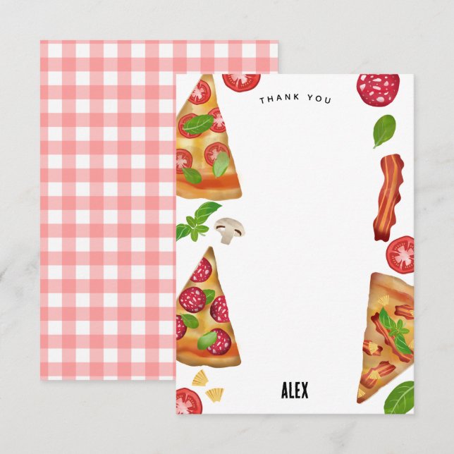 Tarjeta De Agradecimiento Pizza Fiesta acuarela Niños cumpleaños (Anverso / Reverso)