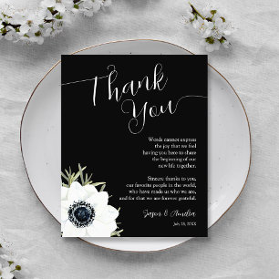 Tarjeta De Agradecimiento Placa de recepción de boda floral blanca y negra