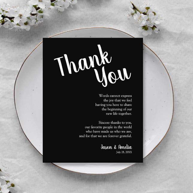Tarjeta De Agradecimiento Placa de recepción de la boda blanca y negra (Black and White Wedding Reception Plate Thank You Cards)