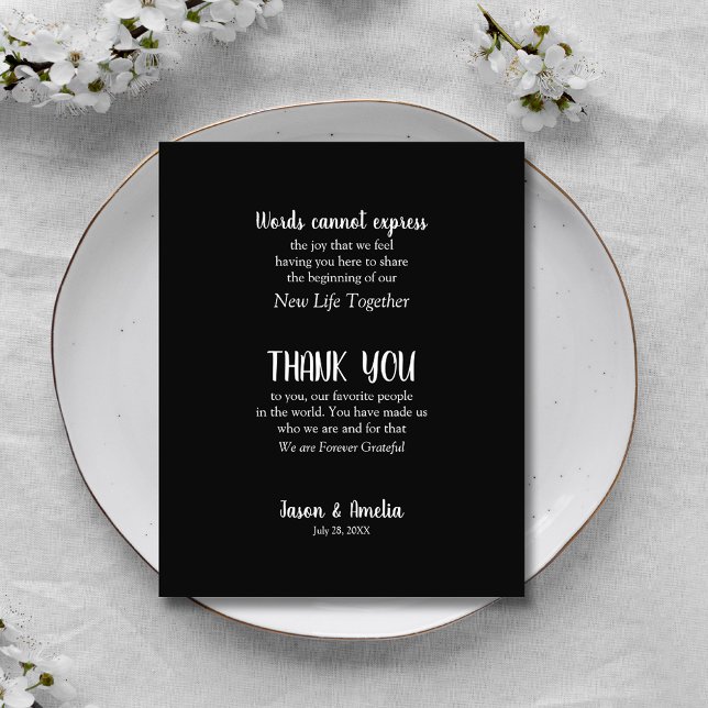 Tarjeta De Agradecimiento Placa de recepción de la boda blanca y negra (Black and White Wedding Reception Plate Thank You Cards)