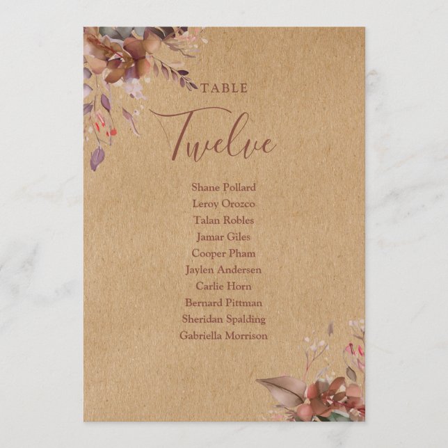 Tarjeta De Agradecimiento Plan de Asientos Floral Rústico Número de Mesa (Anverso)