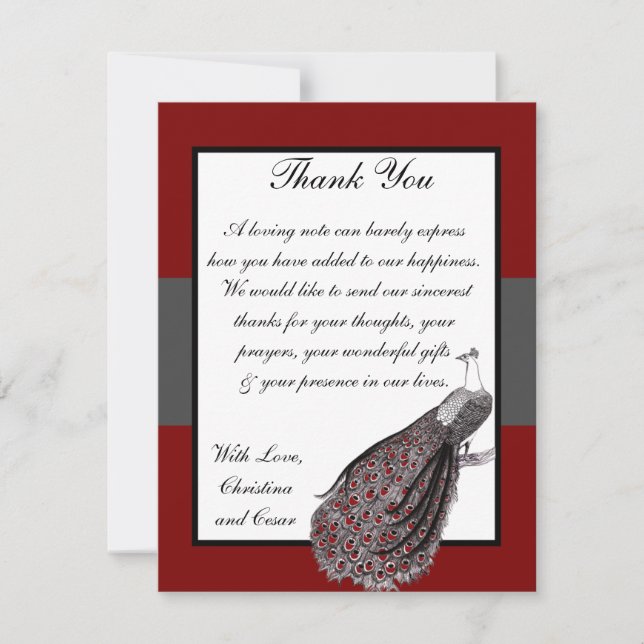 Tarjeta de agradecimiento plana 4x5 pavo real rojo (Anverso)