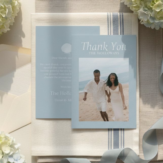 Tarjeta de agradecimiento plana de boda azul coste (Elegant Coastal Blue Wedding Flat Thank You Card)