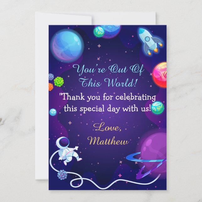 Tarjeta De Agradecimiento Planeta astronauta azul Baby Shower en el espacio  (Anverso)