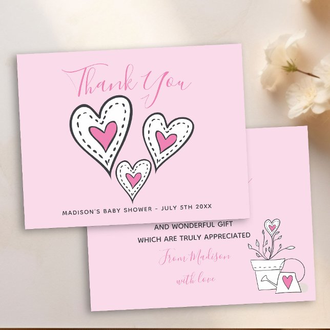 Tarjeta De Agradecimiento Planta en maceta de corazones de amor rosados para (Pink thank you card with cute doodled love hearts)