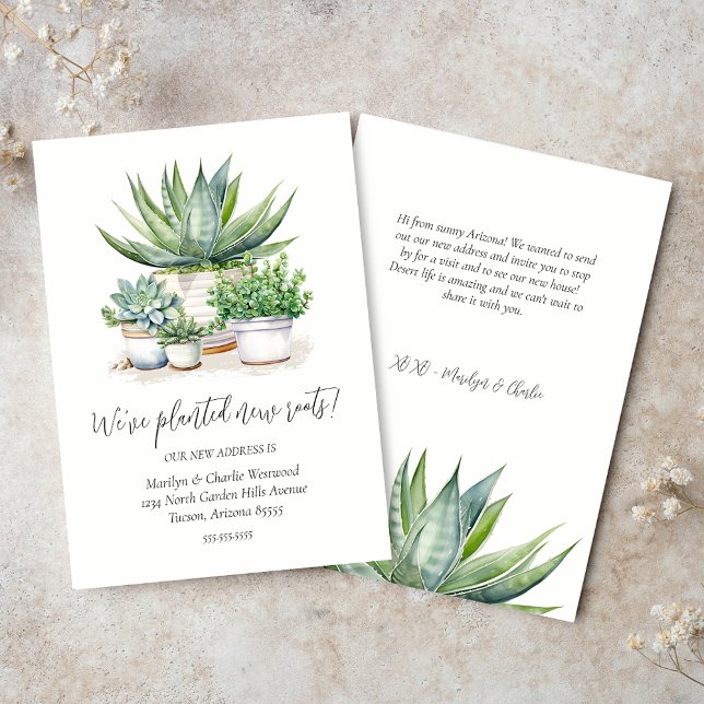 Tarjeta De Agradecimiento Plantamos Nuevas Raíces, Nos Mudamos Nuevas Tarjet (simple elegant minimalist we planted new roots change of address note cards with potted succulents)