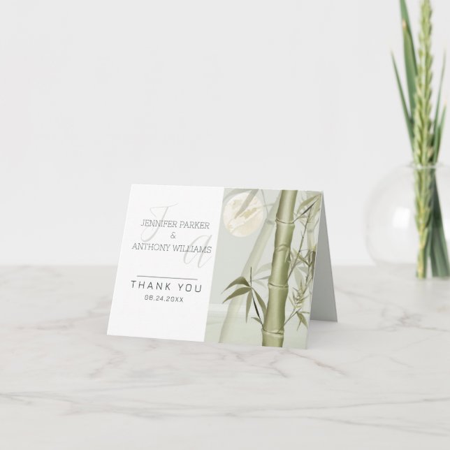 Tarjeta De Agradecimiento Plantas de bambú y Ilustracion de grúa (Anverso)