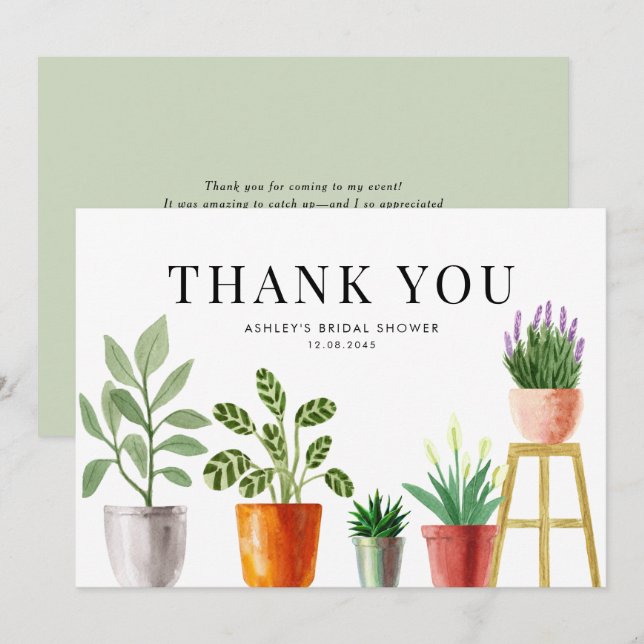 Tarjeta De Agradecimiento Plantas en macetas de acuarela boho Desayuno nupci (Anverso / Reverso)