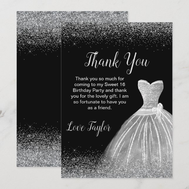 Tarjeta De Agradecimiento Plata Vestido Faux Purpurina Dulce 16 Cumpleaños (Anverso / Reverso)