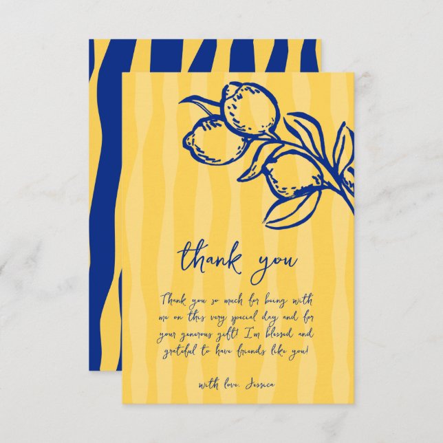 Tarjeta De Agradecimiento Playful Italian Blue Lemon & Stripes Bridal Shower (Anverso / Reverso)