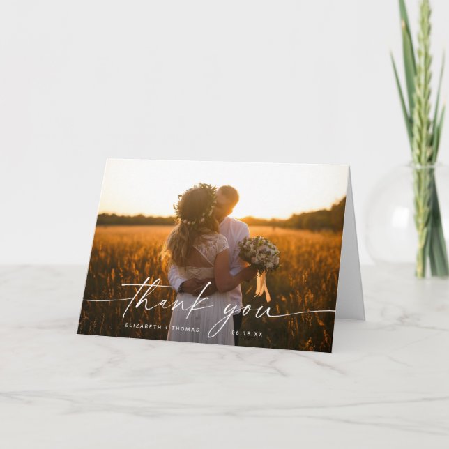 Tarjeta de agradecimiento plegada de foto de boda  (Anverso)