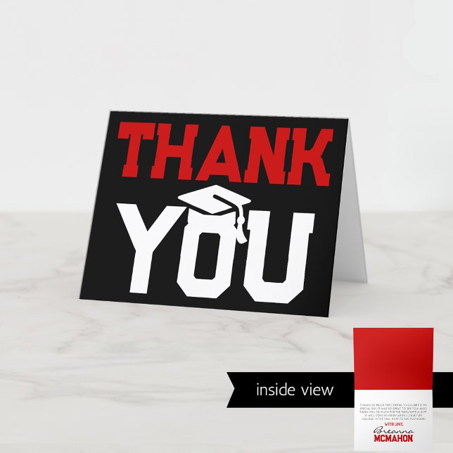 Tarjeta De Agradecimiento plegado de graduación rojo y negro (Red and Black Chalkboard Graduation 2 Photo Folding Thank You Card)