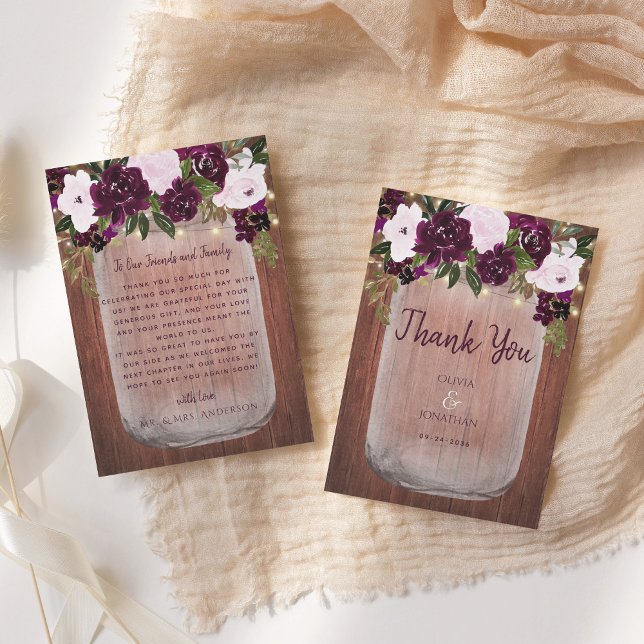 Tarjeta De Agradecimiento Plum Floral Rustic Wood Mason Jar Boda (Subido por el creador)