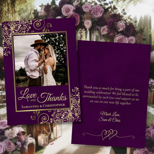 Tarjeta De Agradecimiento Plum Purple & Gold Love Note Boda Photo (Front/Back)